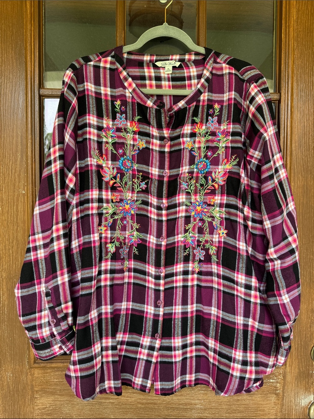 Women’s Pink Plaid Embroidered Button-Front Top
